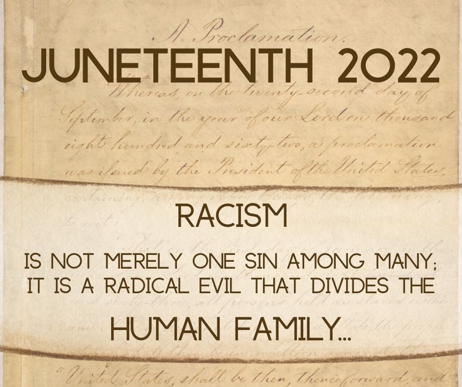 StCharlesOKC's tweet photo. Juneteenth, now a federal holiday, is observed on Monday, June 20 this year. It is a great reminder that we are all called to stand up against racial injustice, a wound that so harms the Body of Christ. https://t.co/tCpsqLVqtb