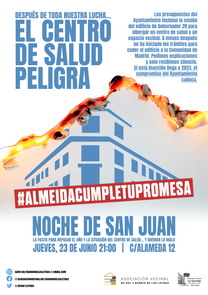 El Centro de Salud en #Gobernador39 firmado en presupuestos se encuentra en peligro.

Únete al barrio la Noche de San Juan para apoyar una #SanidadPública digna. #AlmeidaCumpleTuPromesa 

Nos veremos en:
📍C/ Alameda 12 
📅Jueves 23 de junio
⏰21:00h