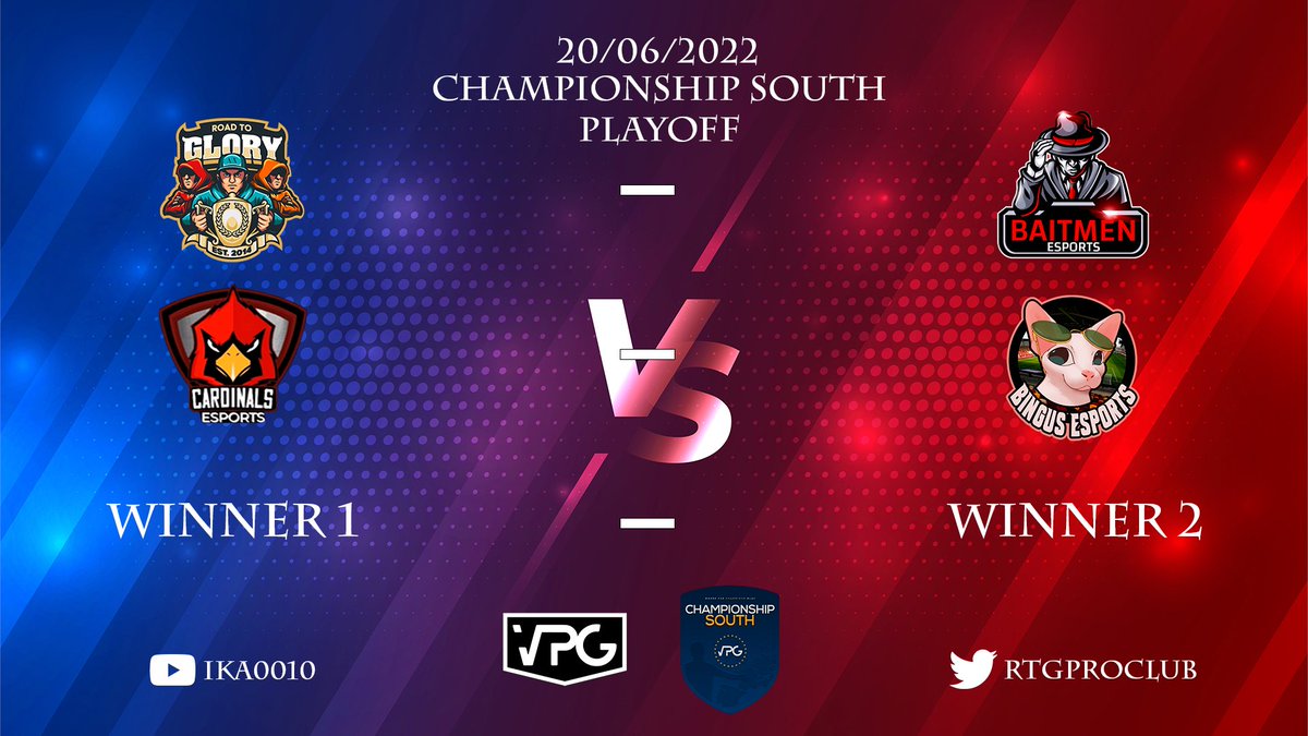 Playoff stage will be played today (20/06/2022) <a href="/OfficialVPG/">Virtual Pro Gaming</a> <a href="/VPGEurope/">Virtual Pro Gaming | Europe</a> PS4 Championship South division❗️

🏆 Championship South Playoff
🆚 <a href="/BaitmenE/">Baitmen eSports</a>
⏰ 8:45pm UK  (10:45pm GMT+3)

in case of win in game 1

🆚 @CardinalsEsprts / @BINGUSESPORTS 
⏰ 9:15pm UK (11:00pm GMT+3)