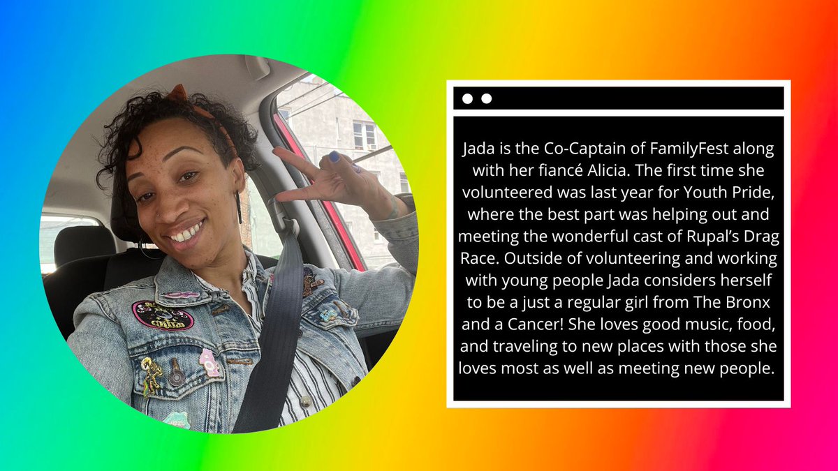 NYCPrideFest's tweet photo. Happy Monday, we are one week out from PrideFest!! Today's #PeopleofPrideFest is Jada Jackson! Jada is the FamilyFest Co-Captain. Thank you for helping put on this new edition of this event! https://t.co/TK7tZ2zDdB