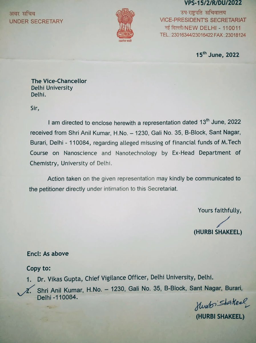 anil_oct's tweet photo. Letter issued by the H'ble @VPSecretariat to the VC @UnivofDelhi. The matter is still pending with the CVO for the last 2.8 years, despite regular follow by the @EduMinOfIndia and @ugc_india.

@dpradhanbjp @rashtrapatibhvn @PMOIndia @mamidala90 @PIBHRD

#Delhi #DelhiUniversity https://t.co/x9HSgcFRZE