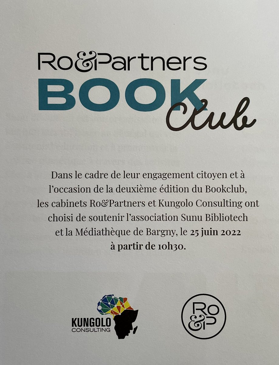 MediatechBargny's tweet photo. Préparons maintenant notre prochain event. Un #BookClub avec #Ro_Partners et #KungoloConsulting ce samedi #25juin à partir de 10h30 à la médiathèque. Nous échangerons autour du thème « #Leadership, #éthique et #engagement_citoyen ». https://t.co/Fbo8sxPFxa