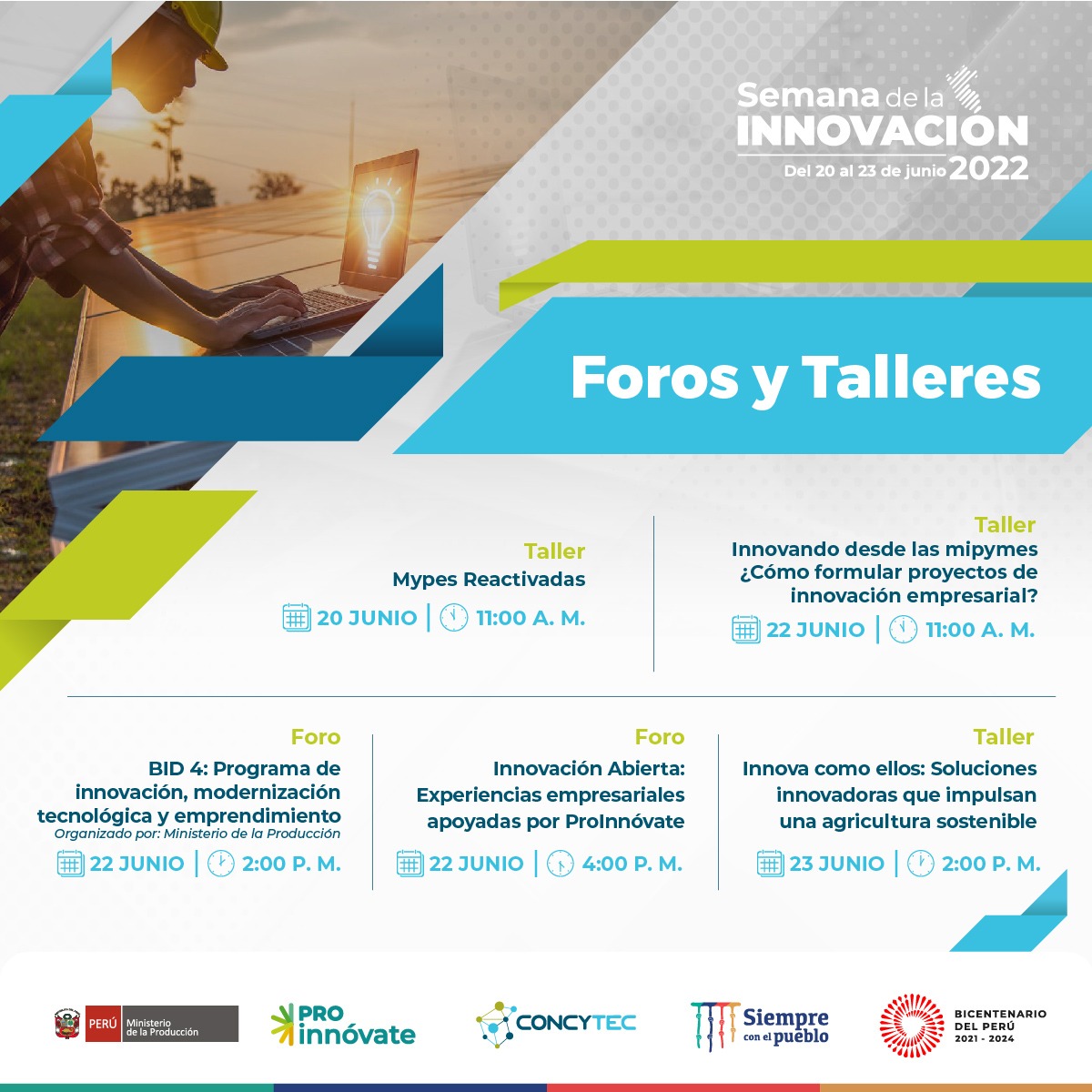 #ProInnóvate presentará innovadoras soluciones de mipymes y emprendedores que impulsan una agricultura sostenible y experiencias empresariales sobre innovación abierta para la reactivación de diversos sectores, durante  la Semana de la Innovación 👉bit.ly/3y38Ggl