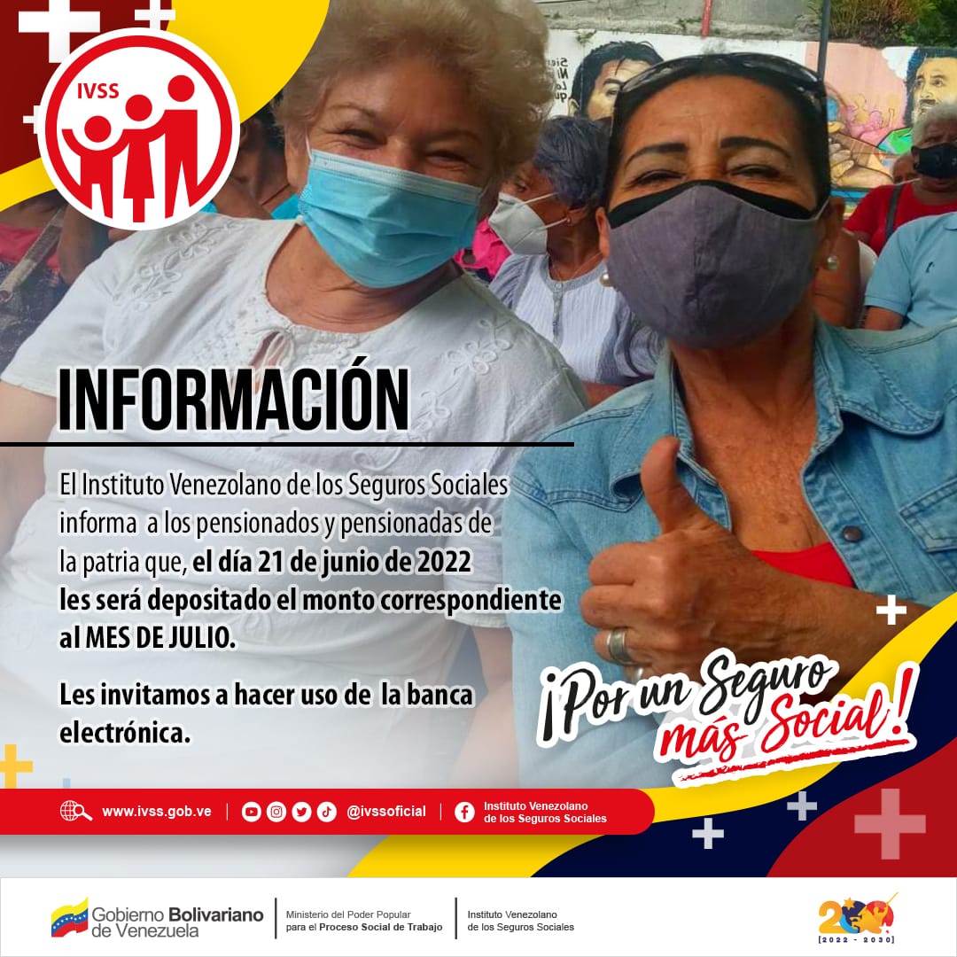 #ÚLTIMAHORA || El <a href="/ivssoficial/">.</a>: Gracias a las Políticas de Protección Social del Gobierno Bolivariano, informa a nuestras Adultas y Adultos mayores de la patria que el día de mañana #21Jun se hará efectivo el pago de la pensión del mes de Junio.

#20Jun #SomosPatriaSoberana