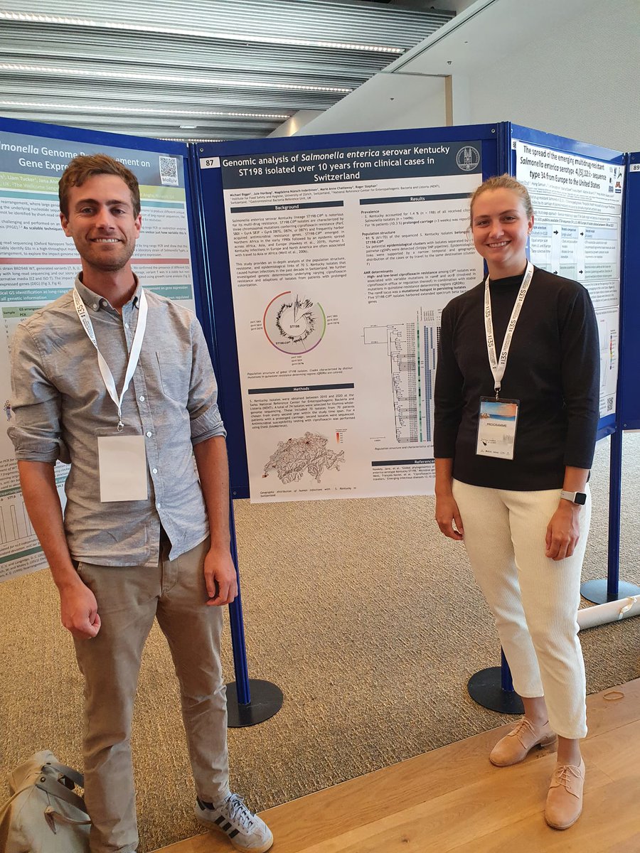 Two poster presentations today from our lab at #I3S:  poster 1 presented by @MichaelBiggel on #Salmonella Kentucky - collaborative study with @MarieChattaway @PHE_UK; poster 2 presented by @julehorlbog on #Salmonella Jerusalem - collaborative study with the ZOBA group @unibern.
