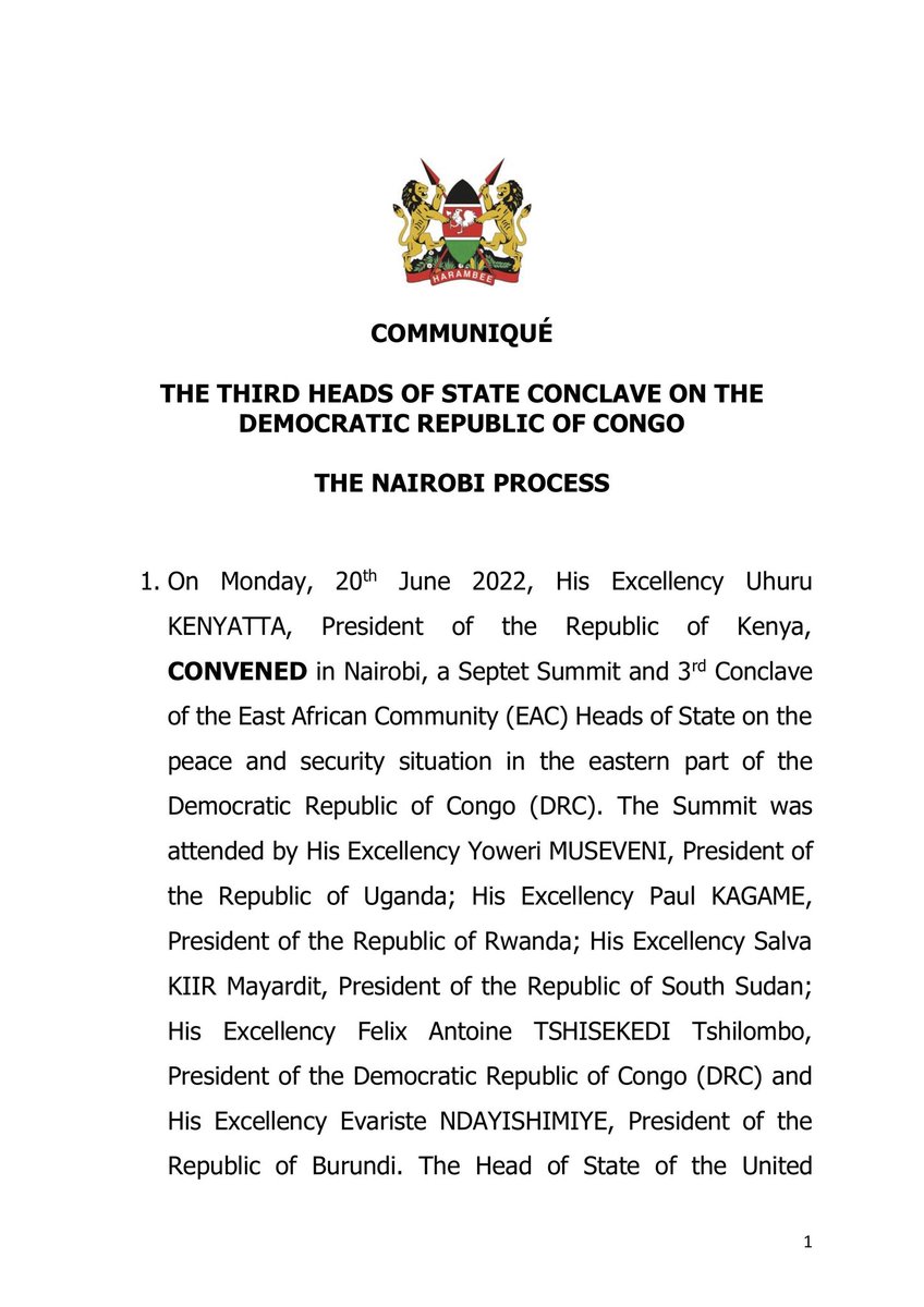 Presidence_RDC's tweet photo. 20.06.2022 l #RDC #ConclaveEAC #Nairobi 
Au terme du 3eme Conclave des chefs d'État des 7 pays membres de la Communauté d'Afrique de l'Est consacré à la situation sécuritaire à l'Est de la RDC, voici le communiqué final publié par la Présidence kenyane : https://t.co/tPTfMkiWPP