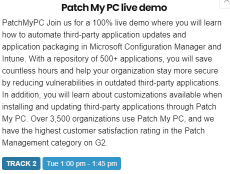 PatchMyPC's tweet photo. Join @ScottPatchMyPC and the #PatchMyPCteam tomorrow at 1pm at @PSConfEU for an in-person live demo of our product at work! #ConfigMgr #MSIntune We'll also have a giveaway at the end of the session for a prize we're confident you won't want to miss out on! 👀 #PatchMyPC https://t.co/iEbPFbqgil