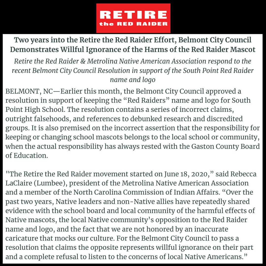 RetireRedRaider's tweet image. FOR IMMEDIATE RELEASE: Two years into the Retire the Red Raider Effort, Belmont City Council Demonstrates Willful Ignorance of the Harms of the Red Raider Mascot