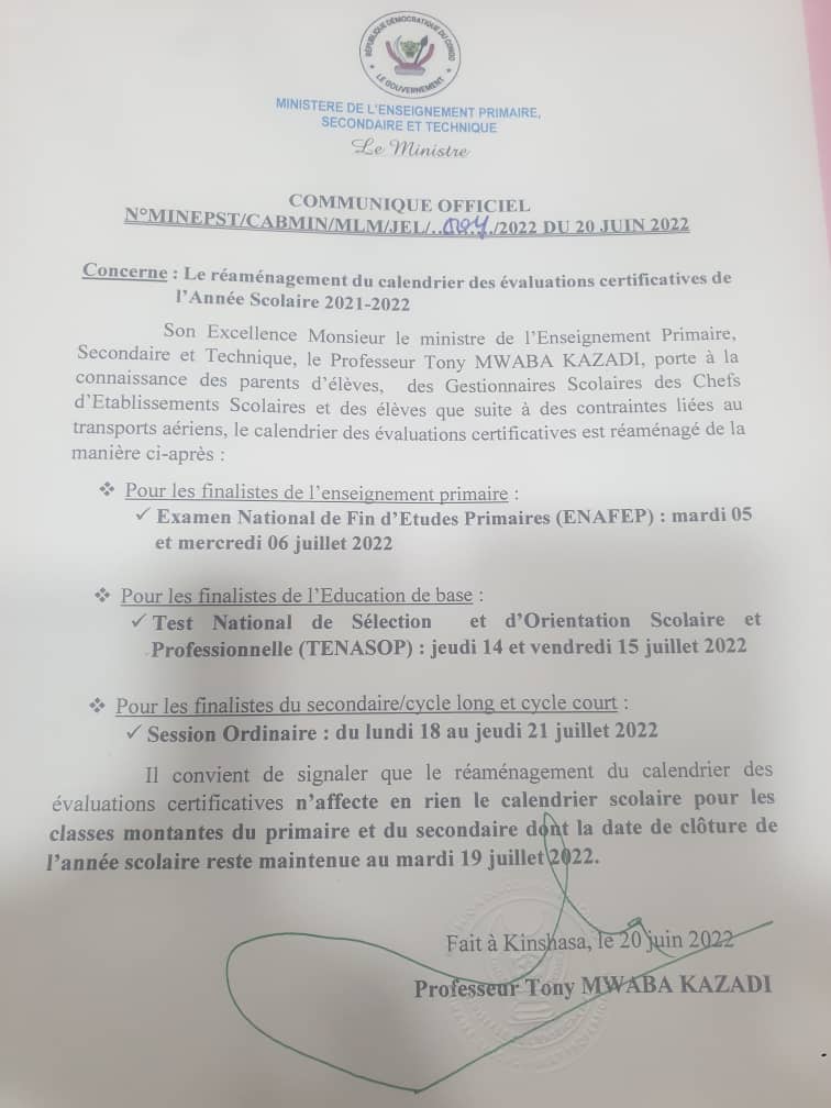 HobabFils's tweet photo. #RDC : Dans un communiqué officiel signé ce 20 juin, le @MinistereEPST informe le report des épreuves d'examens réservés aux finalistes: #TENAFEP, #TENASOSP et #EXETAT au mois de juillet prochain suite à des contraintes liées au transport aérien.
L'année se clôture ce 19/07/ https://t.co/0iw7x5gxZP