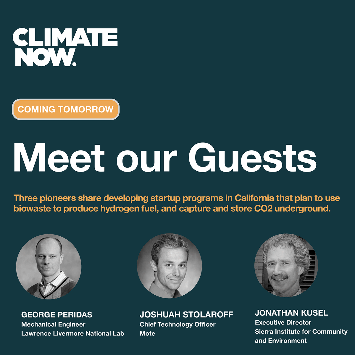 TOMORROW🗓️George Peridas of <a href="/Livermore_Lab/">Lawrence Livermore National Laboratory</a>, <a href="/JoshStolaroff/">Joshuah Stolaroff</a>
of <a href="/motehydrogen/">Mote</a>, and Jonathan Kusel of <a href="/SierraInst/">Sierra Institute for Community and Environment</a> join the podcast to talk about making carbon capture and storage economically feasible and how it could benefit local communities as much as it does the climate.