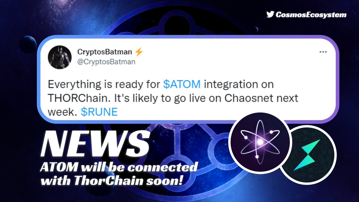 ⚛️ Cosmos Ecosystem ⚛️ (@cosmosecosystem) on Twitter photo ATOM will be connected with <a href="/THORChain/">THORChain</a> soon🔥
What it will bring?
🔶Enter and exit into <a href="/cosmos/">Cosmos - The Interchain ⚛️</a> with $RUNE or $BTC
🔶More liquidity for <a href="/CosmosEcosystem/">⚛️ Cosmos Ecosystem ⚛️</a>
🔶It will also connect <a href="/Polkadot/">Polkadot</a> with <a href="/axelarcore/">Formerly Axelar, now at @axelar</a> and <a href="/THORChain/">THORChain</a>
x.com/THORChain/stat… ATOM will be connected with <a href="/THORChain/">THORChain</a> soon🔥
What it will bring?
🔶Enter and exit into <a href="/cosmos/">Cosmos - The Interchain ⚛️</a> with $RUNE or $BTC
🔶More liquidity for <a href="/CosmosEcosystem/">⚛️ Cosmos Ecosystem ⚛️</a>
🔶It will also connect <a href="/Polkadot/">Polkadot</a> with <a href="/axelarcore/">Formerly Axelar, now at @axelar</a> and <a href="/THORChain/">THORChain</a>
x.com/THORChain/stat…