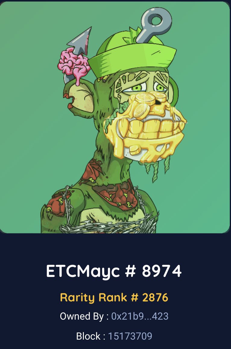 Raffle #6: MAYC #8974

🎟 Each Entry Costs 0.1 ETC 
🚨 Drawing will be 6/21 3pm EST
📥 Message me to buy Entries!

#ETC #ETCARMY #ETCBAYC #ETCMAYC #ETCNFT #NFT #ETCUSDT