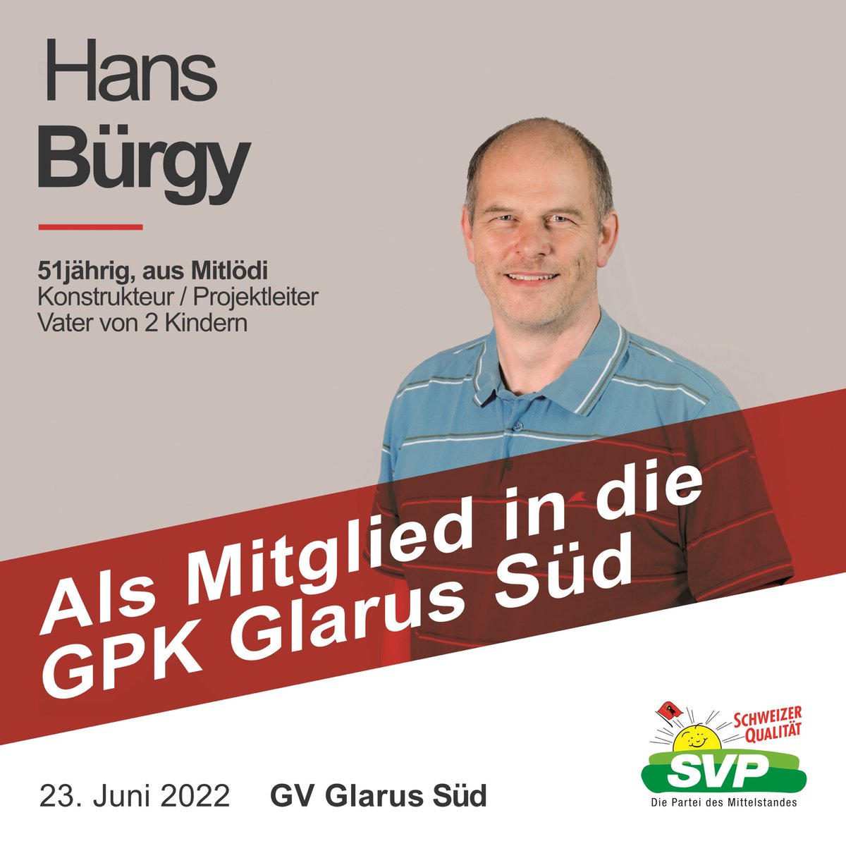 Am kommenden Donnerstag, 23. Juni 2022 an der Gemeindeversammlung Glarus Süd. Hans Bürgy in die GPK Glarus Süd. Für die Unterstützung bedanken wir uns bereits im Voraus😊. #gemeindeversammlung #glarussüd #gpk #svpglarussüd #hansbürgy #aberclever