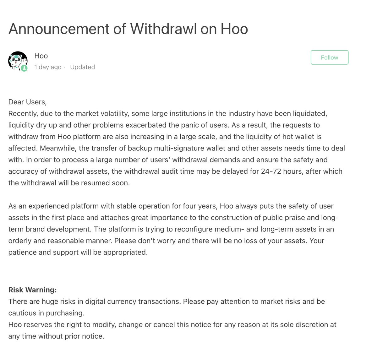 announcement on #HooExchange blog about halting customer withdrawals of $BTC, $ETH, and fiat couldn't even spell "Withdrawal" correctly. 

people tend to make more typos in high pressure situations...