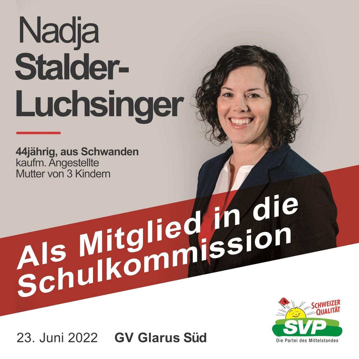 Am kommenden Donnerstag, 23. Juni 2022 an der Gemeindeversammlung Glarus Süd. Nadja Stalder-Luchsinger in die Schulkommission. Für die Unterstützung bedanken wir uns bereits im Voraus😊. #gemeindeversammlung #glarussüd #schulkommission #svpglarussüd #nadjastalder-luchsinger