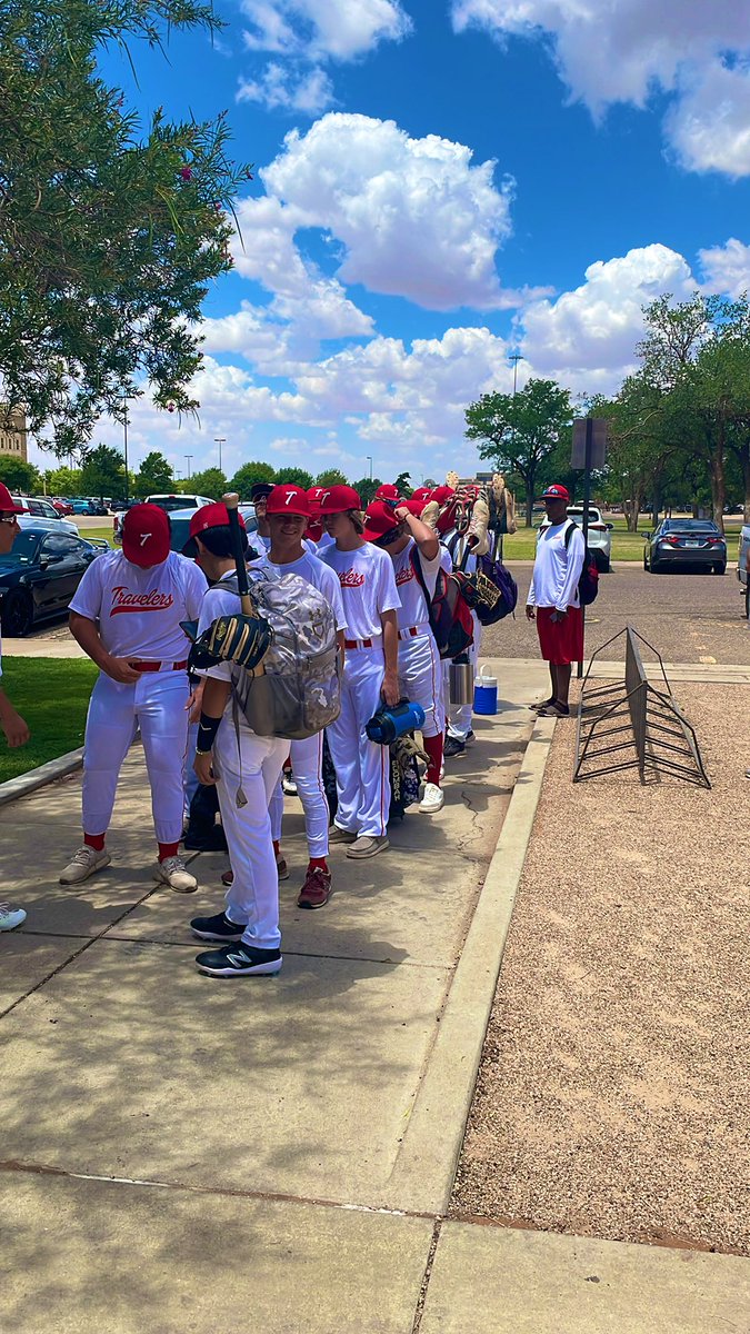 The defending champs have arrived!!  💪🏽 Travelers will be playing in the 16u CABA World Series, here in Lubbock Texas. Game 1 will be at 3pm at Texas Tech! ⚾️