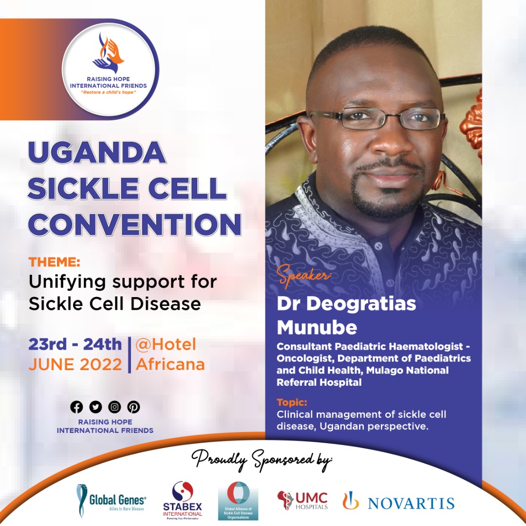 RaisingHopeInt2's tweet photo. Join us to learn more about Clinical Management of SCD from Dr. Deo Munube, considering Uganda perspective. Register here https:https://t.co/5saLHXKAOO #SCDC2022 #SCDC2022 #UnifyingSupport4SCD #SCDCare #ClinicalMgtSCD @GlobalGenes https://t.co/jEaXmV03Ti