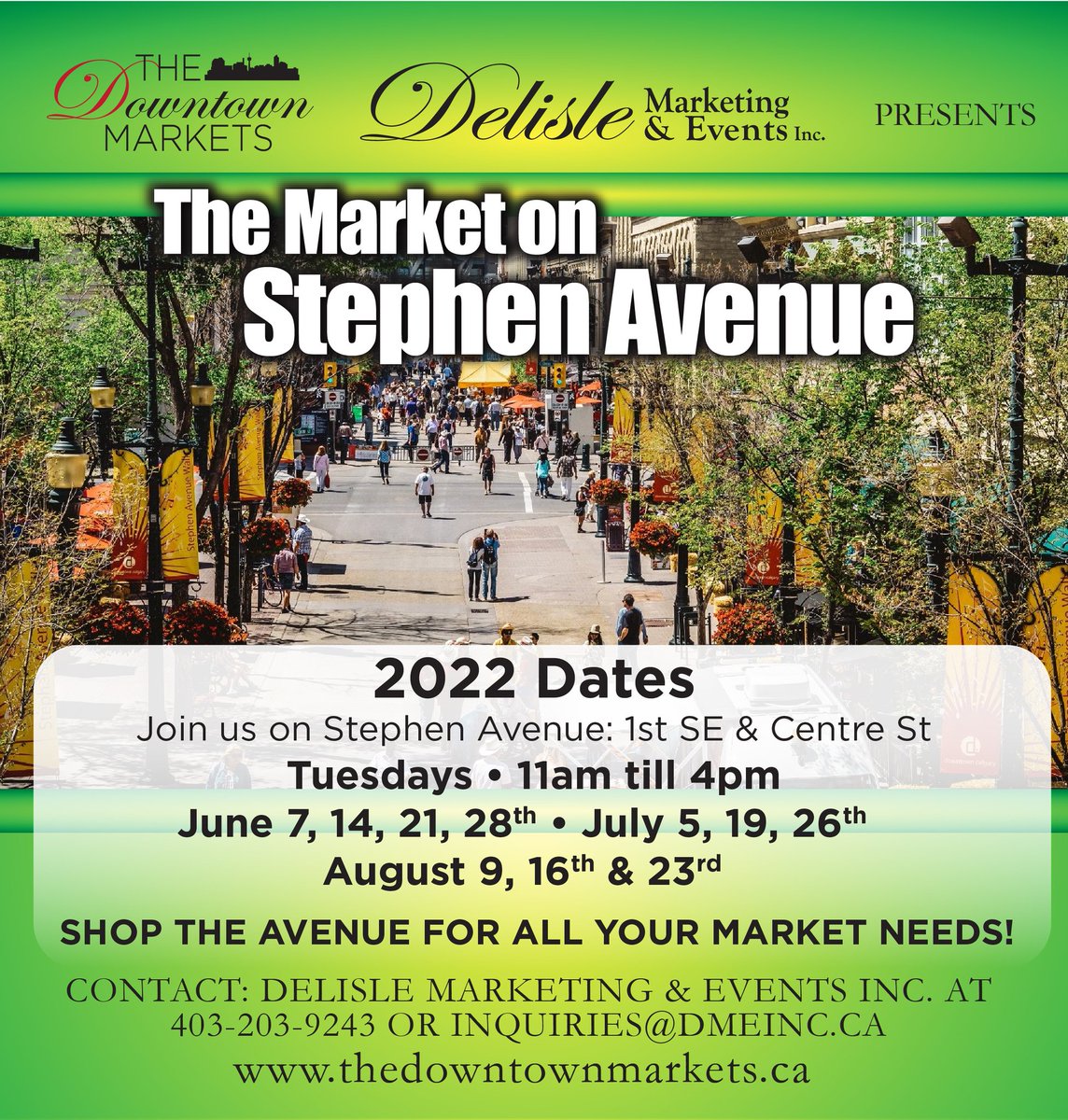 TOMORROW IS THE DAY! Market on Stephen Avenue 11-4pm ( Centre st &amp; 1st SW) 
Local Produce, food, fashion, health and wellness, crafts and so much more!!
A FEW VENDOR spots left for all our markets further details contact: coordinator@dmeinc.ca