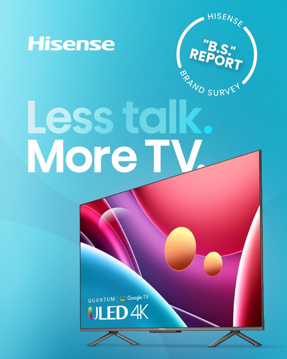 Hisense_USA's tweet photo. We asked the BIG unanswered questions to write our B.S. Report.
Like would you rather we spend money on making better TVs or fancier adverts?📺✨
Today, we share the shocking results...
#Hisense #BSReport #LessTalkMoreTV https://t.co/3RcflKblPU