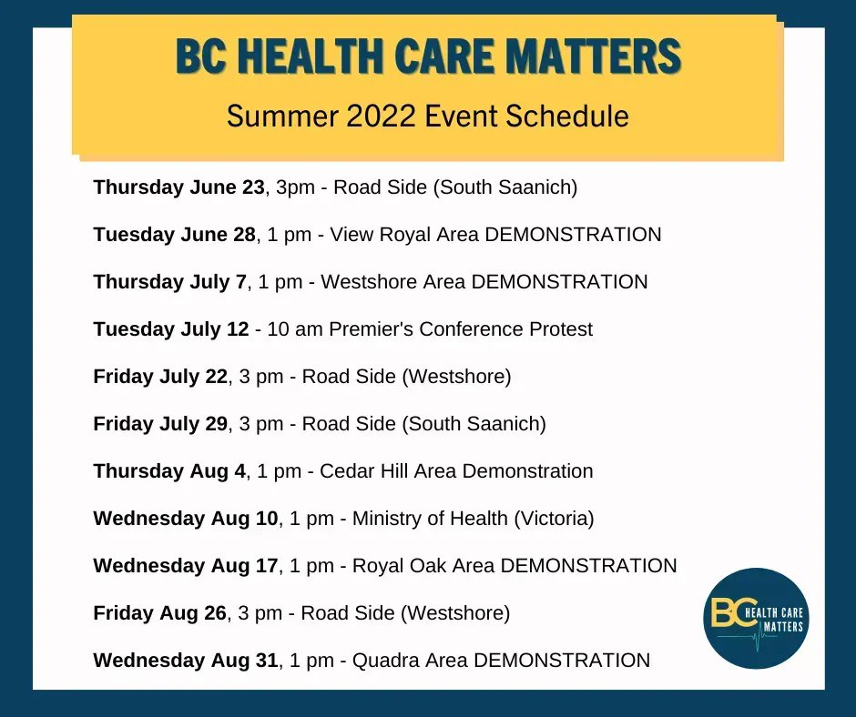 BC_GP_Shortage's tweet photo. We are pleased to share with you our Summer Event Calendar listing 11 events to be held across Greater Victoria! Register for our newsletter for specific details and locations prior to event dates. #BCHCM #EveryoneDeservesAFamilyDoctor #BCHealthCareCrisis #FamilyDocs4All https://t.co/wPB4kVv7wQ
