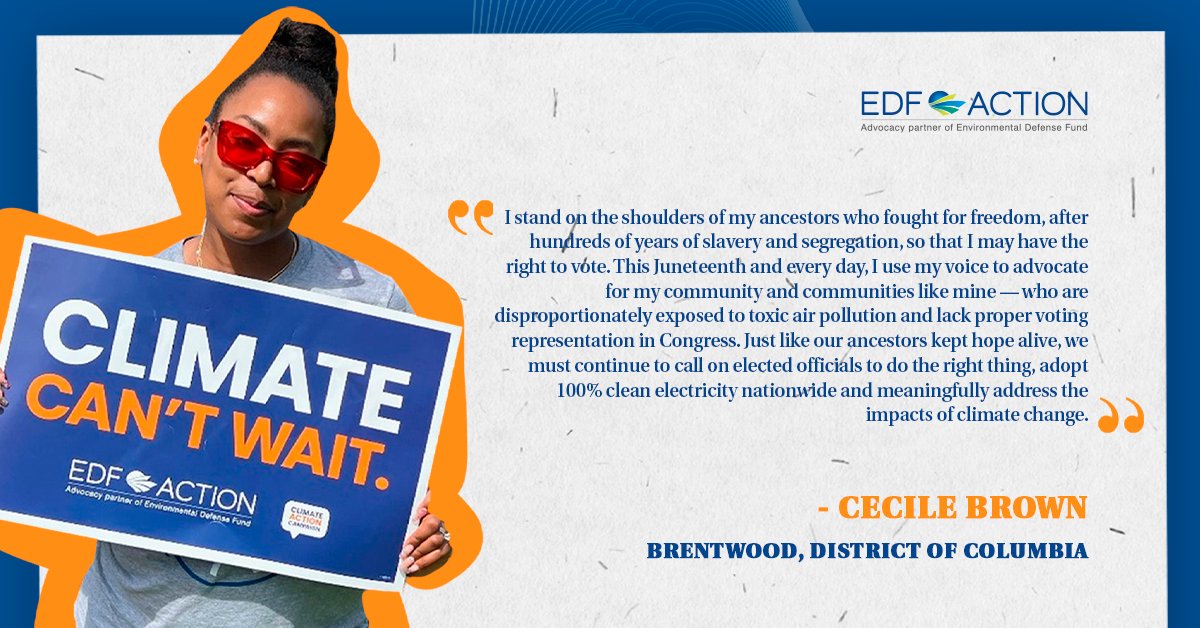EDFaction's tweet photo. Today’s #BehindEDAF spotlight falls one day after Juneteenth.  

Cecile Brown shares how her celebration of Juneteenth lies in utilizing her right to vote, a right her ancestors were denied.

Now Cecile uses that right to protect the planet for generations to come. https://t.co/7ODCpAGzwH