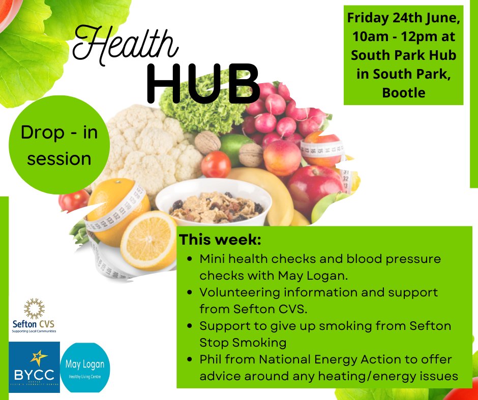 🥗 #HEALTHHUB 🥗 24/6/22, 10-12pm @ South park Hub #SeftonCVS to offer advice & about volunteering services. #SeftonStopSmoking on hand to offer support around giving up smoking. #MayLogan back to offer mini health checks & blood pressure checks. #healthiswealth #bootlecommunity