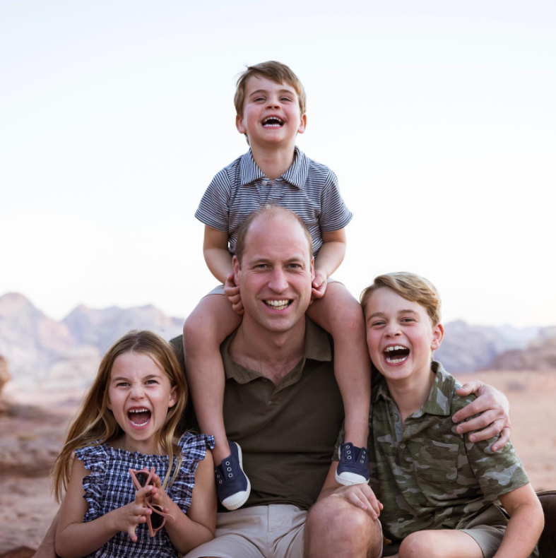 William, who turns 40 tomorrow, looked like a lion king with his three little cubs roaring around him in his photograph, taken in Jordan last year.