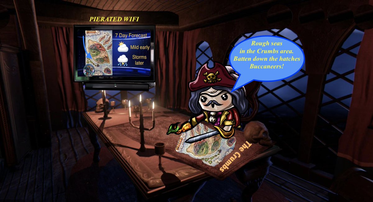 CapietainCook's tweet photo. @PielandNFT #Pierates and the news @pielandnews Avast me maties, Better batten down the hatches as we approve the Crumbs. This be prefect Kraken weather! We don't wanna in up in the briny deep. Time for a Clap of Thunder. Bring Rum as my shot glass is empty me hearties. Arrrgh☠️ https://t.co/M7rwLXAx63