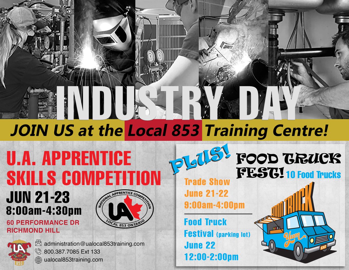 u_sprinkler's tweet photo. Tomorrow is DAY 1 of the U.A. NATIONAL APPRENTICE COMPETITION ! 3 days of competition, 2 day industry trade show &amp; a food truck festival.

June 21-23 8am-4:30pm-Competition
June 21-22 9am-4pm-Industry Trade Show
June 22 12pm-2pm-10 Food Trucks

See u @ Local 853 Training Centre! https://t.co/cPZ3Yj8r7j