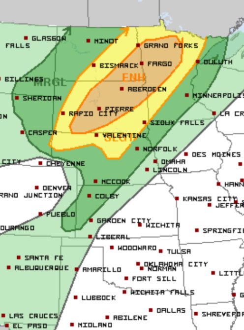 All severe weather hazards are likely today across the enhanced risk from Nebraska through the Dakotas into Minnesota! Few tornadoes possible but mainly larger hail and damaging wind threat! https://t.co/ONIztxQdYc