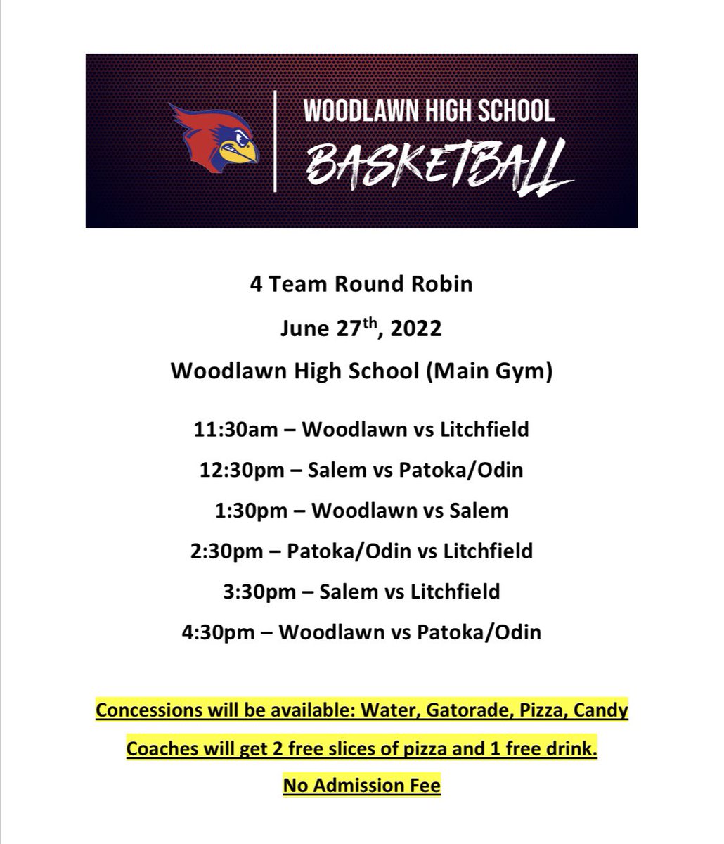 WoodlawnMBB's tweet photo. We will be hosting a 4 Team Round Robin at Woodlawn on June 27th! Come check out some good basketball! 🏀 https://t.co/gtQpn9c7pH