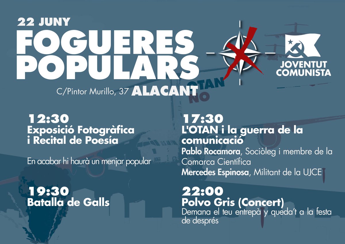 Joventut Comunista al País Valencià ☭ (@ujce_pv) on Twitter photo Apunta't a les batalles de galls i al recital de poesia popular a Alacant i queda't a la ponència de <a href="/procamora_/">Pablo Rocamora</a> sobre els mitjans de comunicació.
Vine't a València a donar suport a la lluita de Cuba i el Sàhara contra l'imperialisme
Uneix-te a la contra cimera
Tots a Madrid 🔥 Apunta't a les batalles de galls i al recital de poesia popular a Alacant i queda't a la ponència de <a href="/procamora_/">Pablo Rocamora</a> sobre els mitjans de comunicació.
Vine't a València a donar suport a la lluita de Cuba i el Sàhara contra l'imperialisme
Uneix-te a la contra cimera
Tots a Madrid 🔥