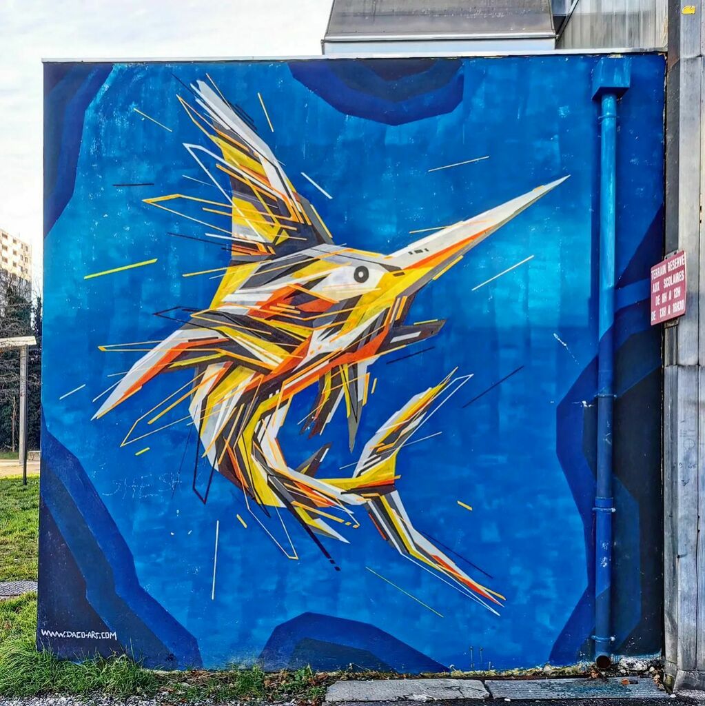 <a href="/dacopaint/">DACO</a> #piece for @grenoblestreetartfest #2021 #grenoble #france
#urbanart #streetart #daco #dacopaint #swordfish #animal #wildlife #wild #sea #sealife #colorful #geometric #lines #graphic #painting #grenoblestreetartfest #streetartfestival #festival instagr.am/p/CfCU4IbMQzW/