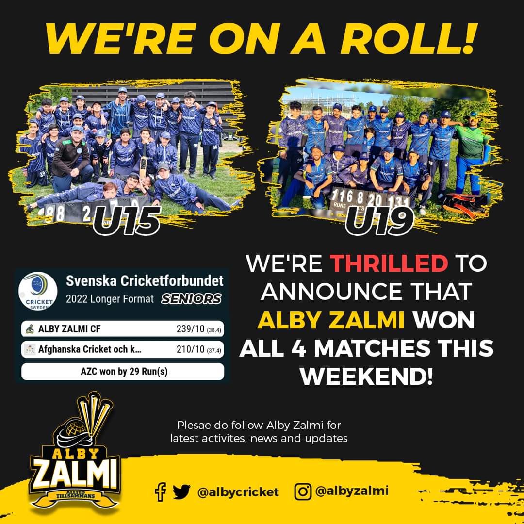 AlbyCricket's tweet photo. We're thrilled to announce that Alby Zalmi played 4 matches and won all 4 matches this weekend!
.
#cricketinsweden #SwedishCricket #albyzalmi @globalzalmi https://t.co/7sFuSwjHGF