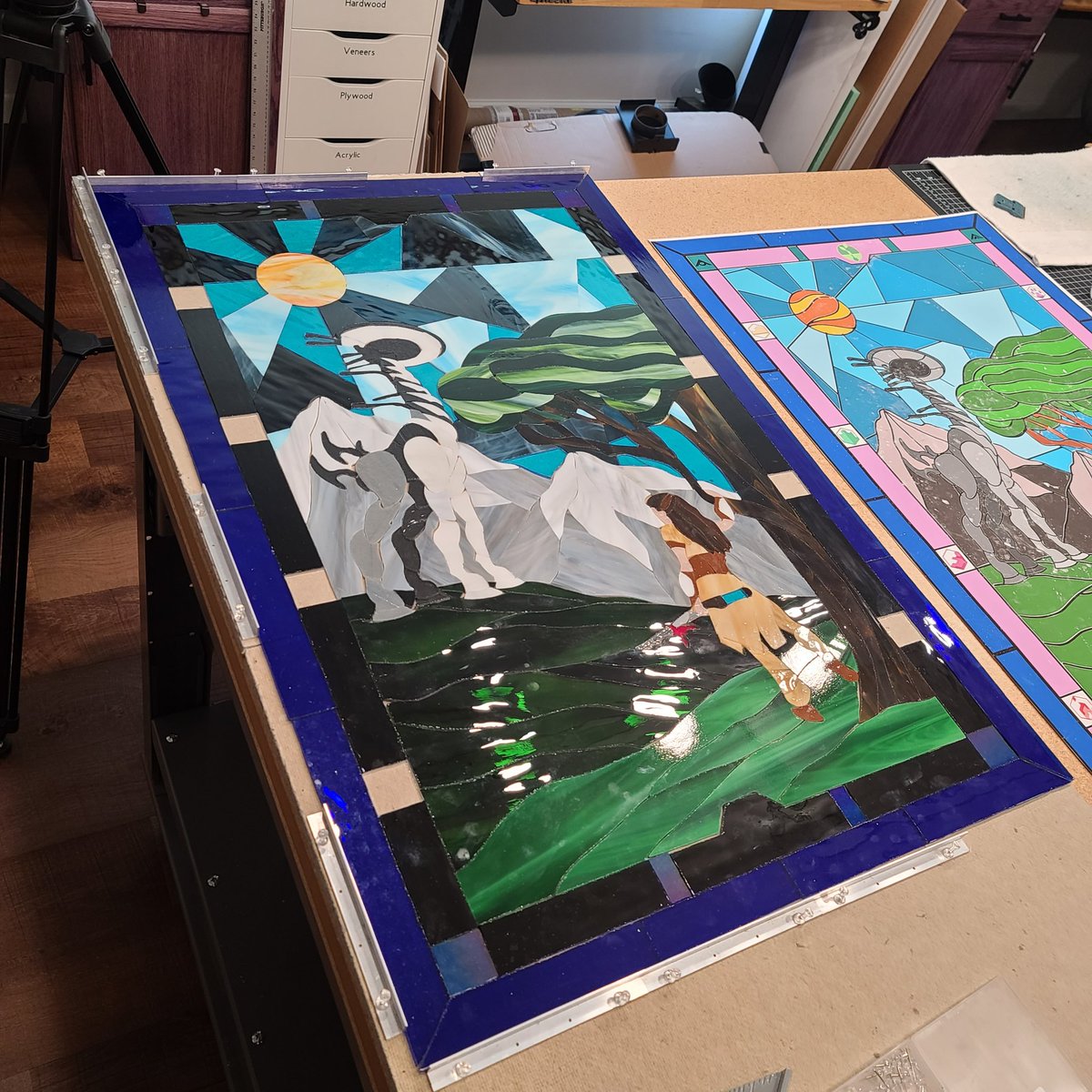 Working on a #HorizonForbbidenWest stained glass window. I'm about 100 hours into this project. Soldering to come. <a href="/Guerrilla/">Guerrilla</a>, I blame you for making such a perfect game that I felt the need to make it into a cathedral style window. #stainedglass #art #guerrilla #Aloy