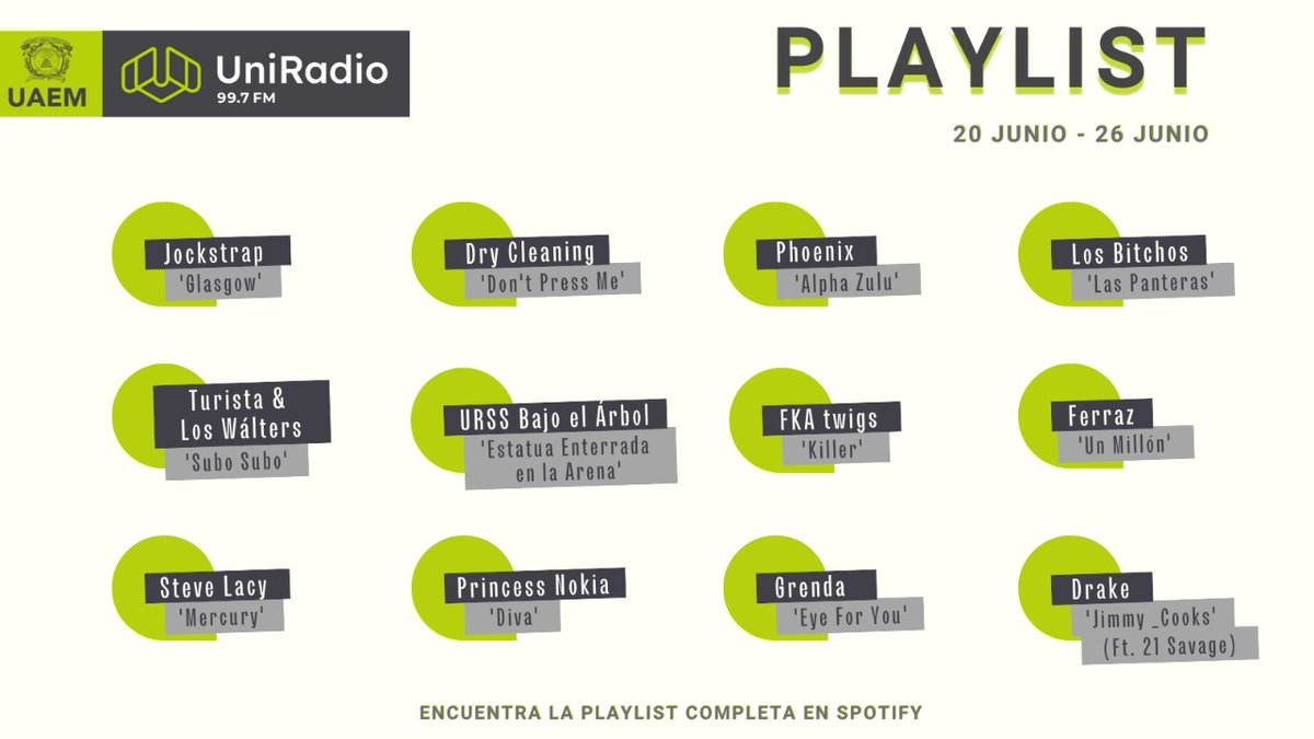 UniRadio997FM's tweet photo. Actualiza tu #Playlist con las nuevas canciones que suenan en el #997FM 👉https://t.co/hJHKm3R4Ci

@jockstrapmusic1, @LBitchos, @FKAtwigs, @realstevelacyy, @GrendaOfficial

#UniRadioVaConmigo
#SomosUAEMéx 💚💛 https://t.co/VrFlQwDUZ7