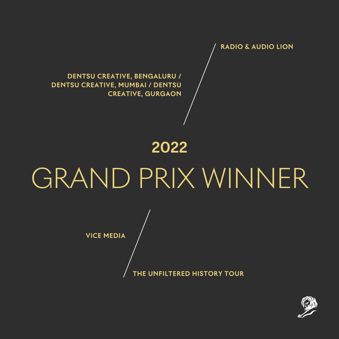 Cannes_Lions's tweet photo. Innovating in the listening space is @webchutney with their “The Unfiltered History Tour''. Discover their inspiring work that won the Radio &amp; Audio Lions Grand Prix at #CannesLions2022 at https://t.co/vHxJUCs9Z4 https://t.co/Tc4SCjbKel