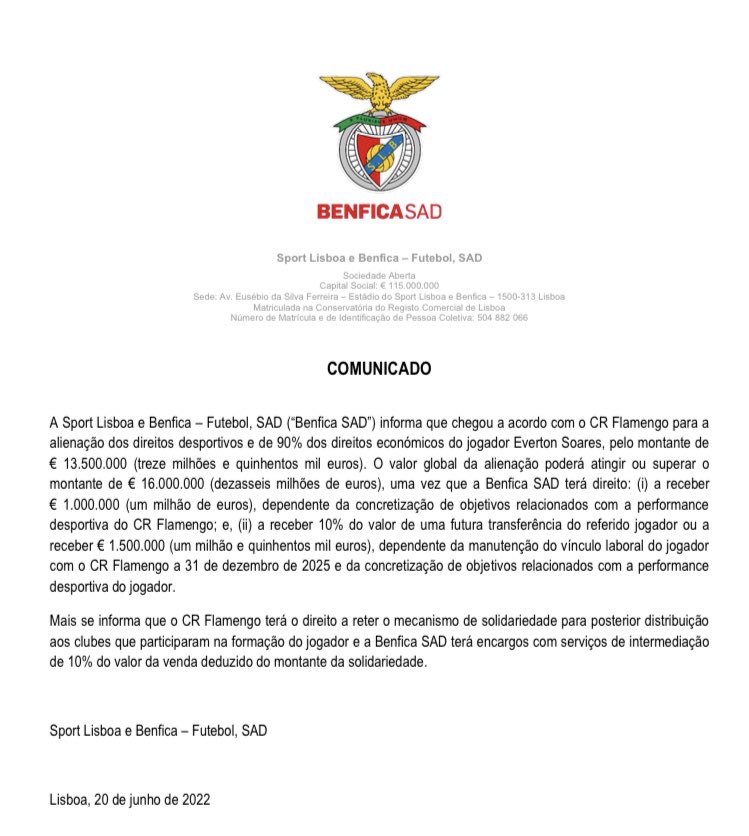 Benfica anuncia a venda de Everton Cebolinha para o Flamengo, em comunicado à ‘CMVM’.