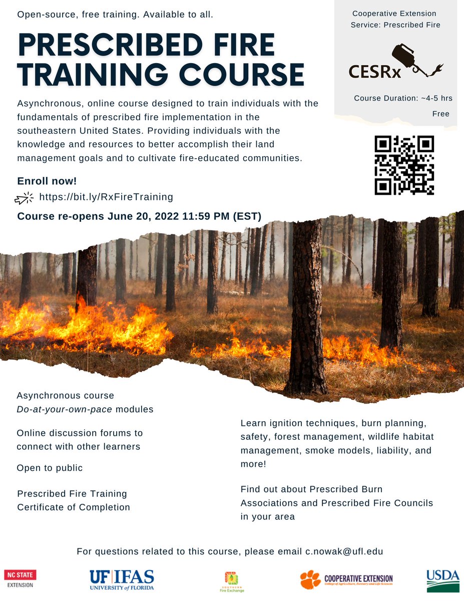 UFGameLab's tweet image. Tonight we launch our FREE ONLINE #PrescribedFire training course - Open to ALL - Be sure to share! bit.ly/RxFireTraining
@DrDisturbance @SEFireScience @UF_IFAS @SFFGS_UF @NCStateCNR @FNRClemson @MOGameKeepers @forestservice @USDA_NRCS @ForestServiceSW #extension #firetraining