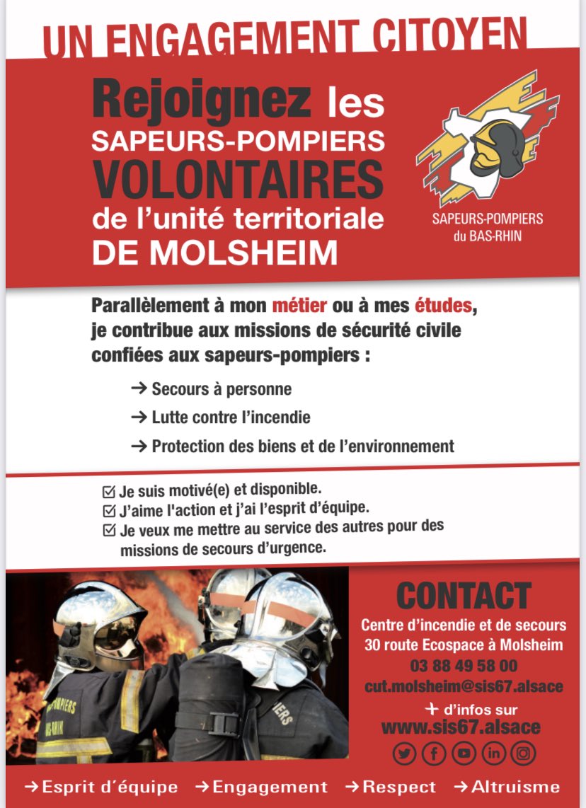 GWagner67's tweet photo. Rejoignez les sapeurs-pompiers volontaires de #Molsheim !
Un engagement citoyen possible dès 16 ans pour participer aux missions #secours 🚑 #incendie 🚒 #protection 👩🏻‍🚒
Contact ⬇️⬇️ https://t.co/L56jyUAEDa