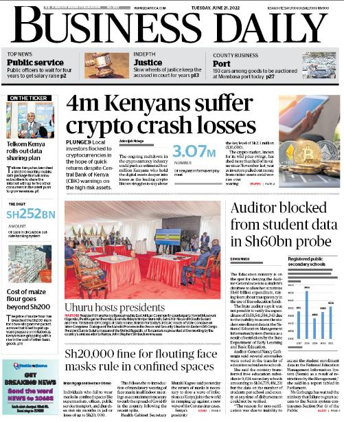 BD_Africa's tweet photo. TOP IN BUSINESS: 4m Kenyans suffer crypto crash losses. Grab your copy of Tuesday's Business Daily for this and more. https://t.co/xpNr1umjM1 https://t.co/n5NDs8juUx