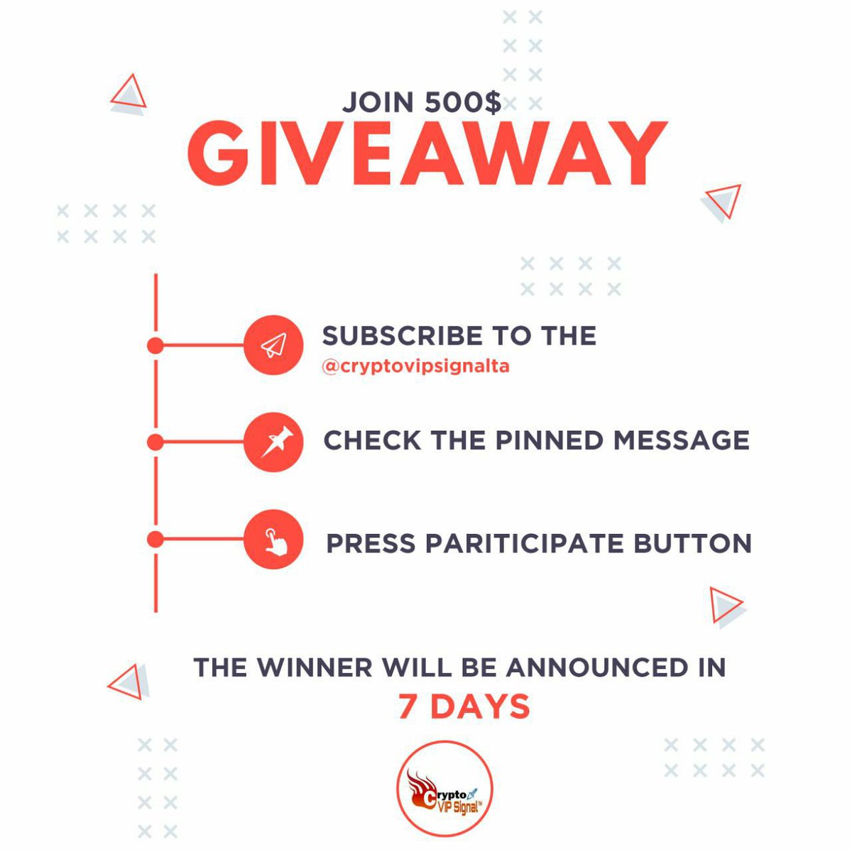 CryptoVIPsignal's tweet photo. 🎁 JOIN 500$  #GIVEAWAY 🎁

How to participate: 

1. Like ,RT and join telegram https://t.co/qQxbBT7Gvi
2. Check the pinned message on telegram 
3. PRESS PARITICIPATE BUTTON

The winner will be announced in 7 days using open source @randymbot https://t.co/Z5p8Dd1Nka
