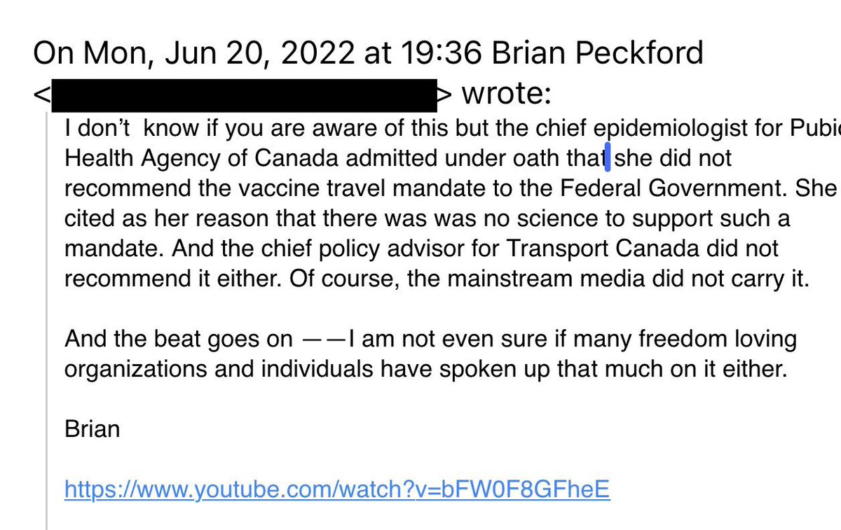 An email sent to me by former Newfoundland Premier Brian Peckford (with the following link: youtube.com/watch?v=bFW0F8…)