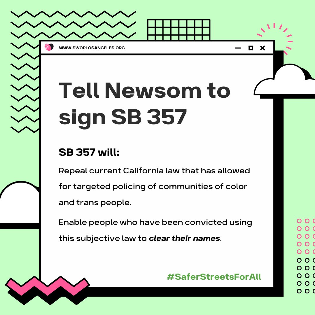 Contact @GavinNewsom and tell him to sign the #SaferStreetsForAll Act! Everyone has a right to exist in public.

Call his office at (916) 445-2841 or email him at govapps.gov.ca.gov/gov40mail/