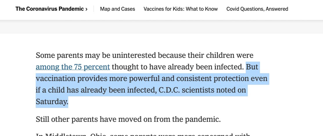 I'm sorry this is also a lie. 

Vast majority of kids in both Pfizer &amp; Moderna did not have Ab at baseline. There is no evidence that vaccinating a kid <5 who had covid will further protect them. CDC scientists, if they said that, are making things up

nytimes.com/2022/06/18/hea…