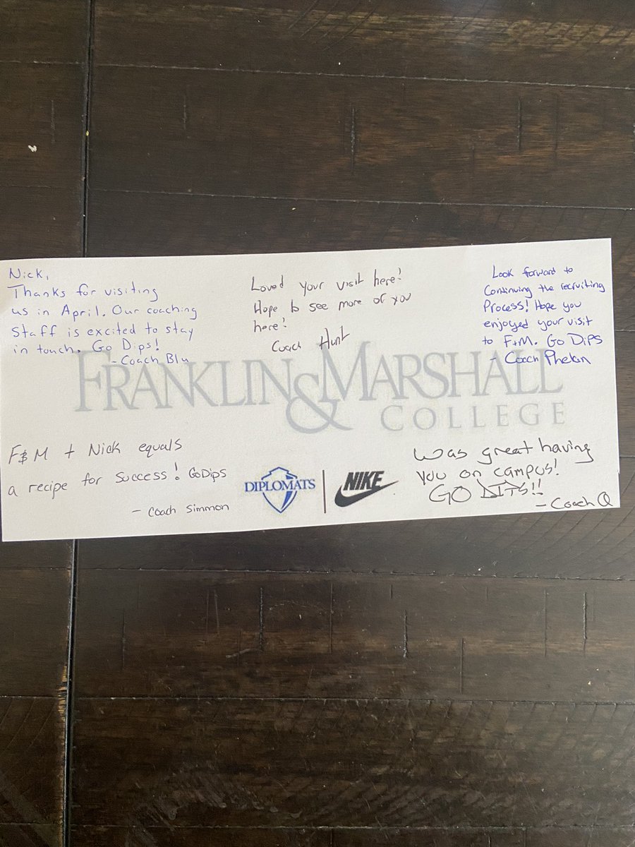 Thank you <a href="/FandMFootball/">F&M Football</a> and it’s staff for the hand written letter! <a href="/Coach_Phelan25/">Michael Phelan</a> <a href="/Coach_Blu/">Tom Blumenauer</a> <a href="/Coach_Q41/">Matt Quattrone</a> <a href="/CoachDanHunt/">Dan Hunt</a> <a href="/Coach_Simm516/">Coach Simm</a>