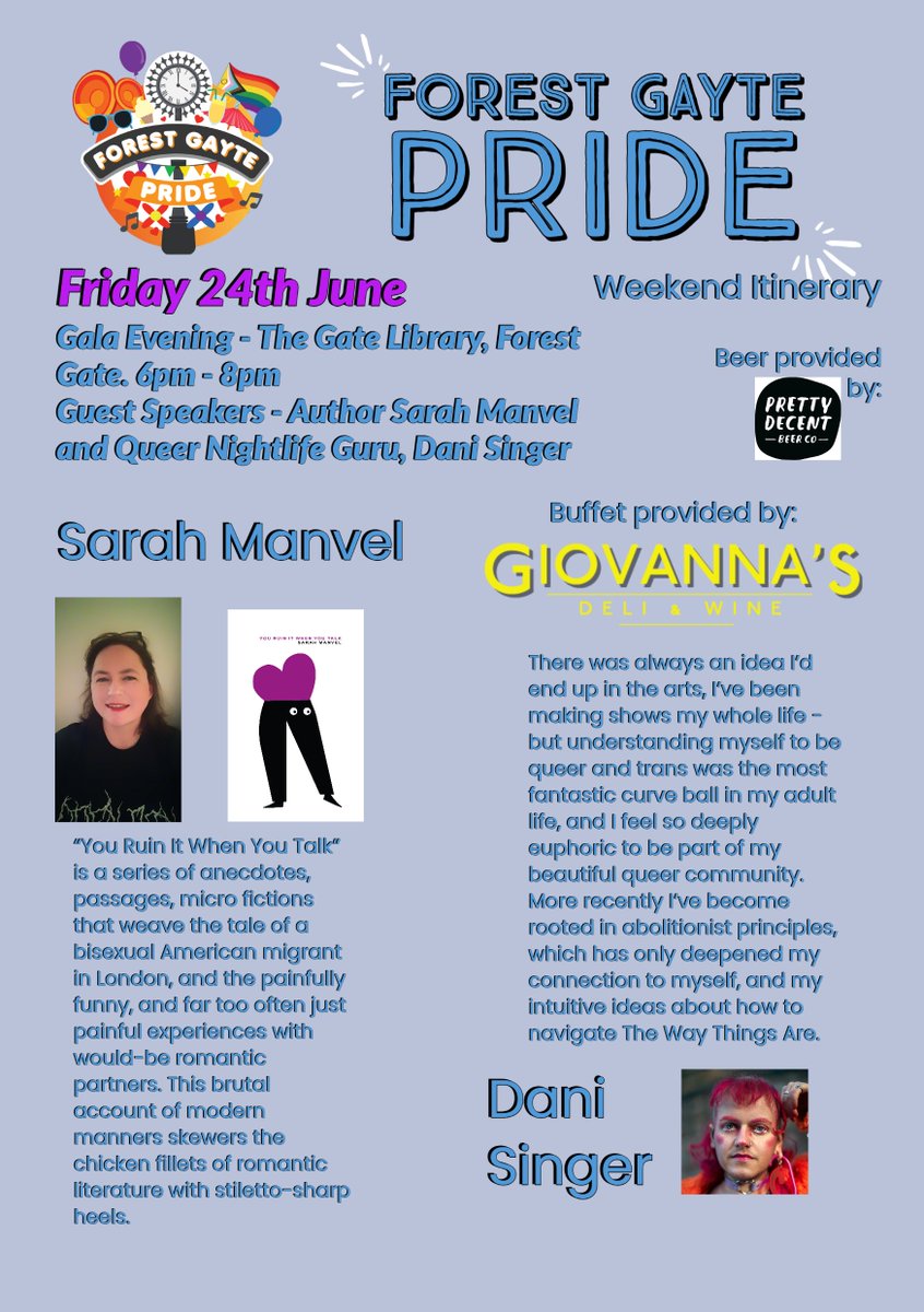FGPride's tweet photo. Friday 24th June, is the Gala opening of Forest Gayte Pride 2022! We have bisexual writer Sarah Manvel talking about life, connections, and their new book. Also, nightclub guru Dani Singer will discuss London's queer nightlife. No tickets required.
#sarahmanvel #danisinger https://t.co/crmaM2pgXA