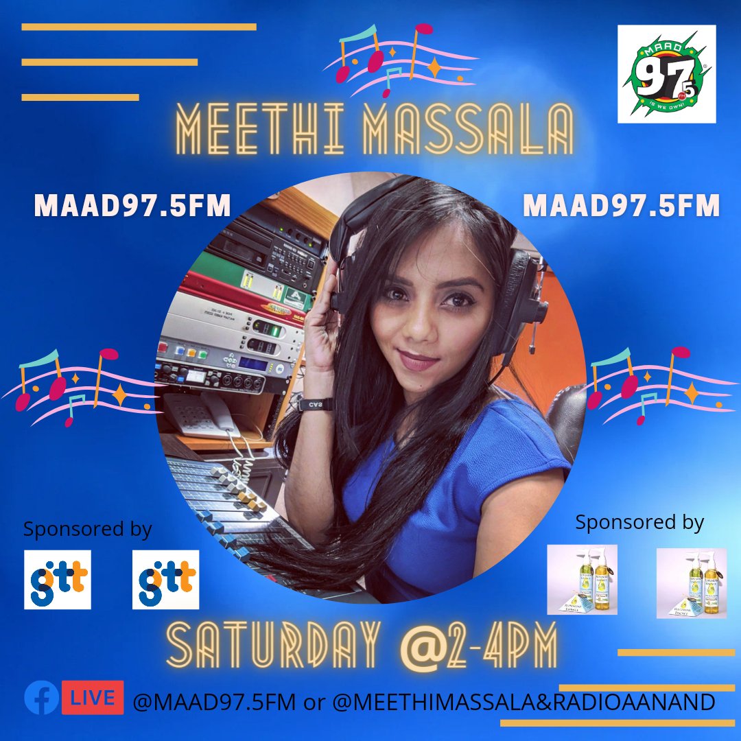 AshwiniSarran's tweet photo. Hey hey β€οΈ!
This Sat @2-4pm!
Me and you, vibing to Bollywood tunes!π
Download the caribbeanradio app now ! π
Do like,follow and share Meethi Massala & Radio Aanand on FB and IG.
@ashwinisarran1 on TikTok
#radioaanand #meethimassala #georgetown #desi #radio #music #VirtualRadio https://t.co/iYz7ZsgZPL
