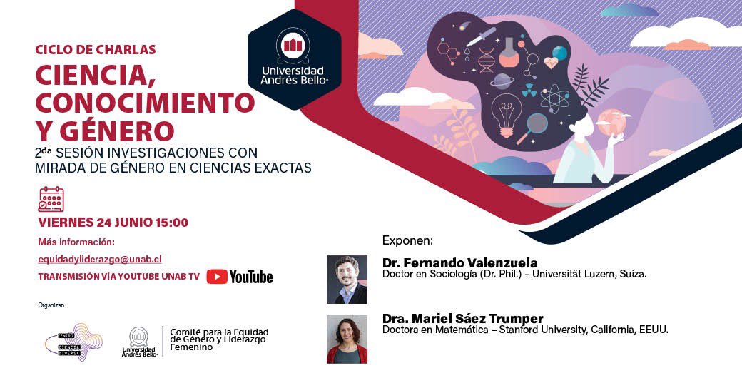 Anillo Matemáticas y Género (@mat_genero) on Twitter photo 💬Ciclo de Charlas “CIENCIA, CONOCIMIENTO Y GÉNERO”
✔️Expone la directora del <a href="/Mat_Genero/">Anillo Matemáticas y Género</a> Mariel Sáez y el investigador principal del <a href="/Mat_Genero/">Anillo Matemáticas y Género</a> Fernando Valenzuela
🗓Este viernes 24 de junio desde las 15 horas☑️
Transmisiones por la cuenta YOUTUBE UNAB TV 💬Ciclo de Charlas “CIENCIA, CONOCIMIENTO Y GÉNERO”
✔️Expone la directora del <a href="/Mat_Genero/">Anillo Matemáticas y Género</a> Mariel Sáez y el investigador principal del <a href="/Mat_Genero/">Anillo Matemáticas y Género</a> Fernando Valenzuela
🗓Este viernes 24 de junio desde las 15 horas☑️
Transmisiones por la cuenta YOUTUBE UNAB TV