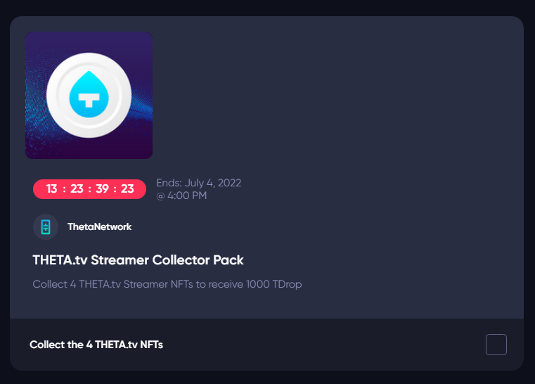 Collecting #NFTs from the first <a href="/THETAtv/">THETA.tv</a> streamer drop?

Take a look the "THETA.tv Streamer Collector Pack" challenge now!

Reward: 1000 TDROP

thetadrop.com/challenge/ch_6…